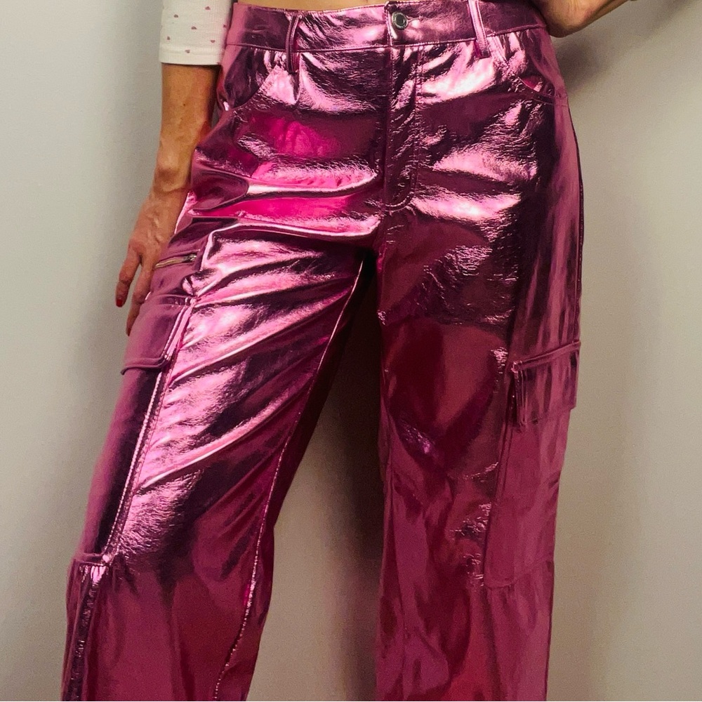 Pink Metallic High-Rise Cargo Pants – Lined, Fits Like L - Picture 11 of 16